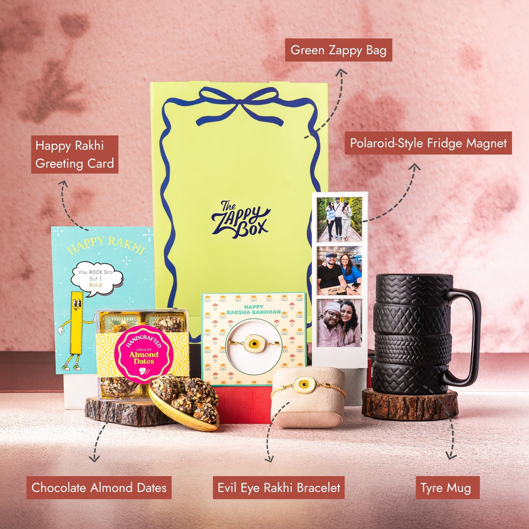 evil eye rakhi bracelet with chocolate and mug hamper call out