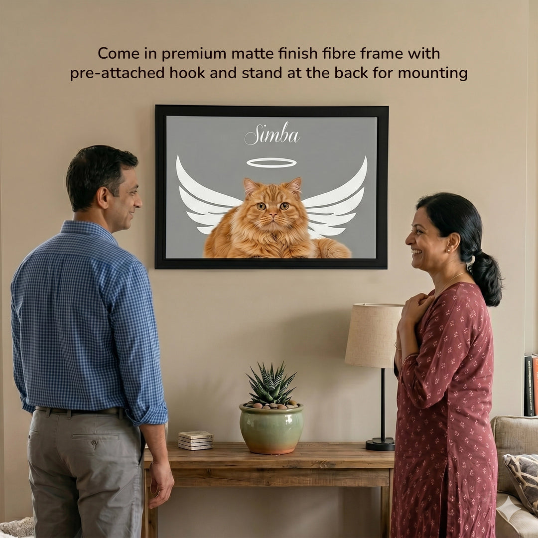 Angel Wings Memorial Personalized Pet Frame mounted on the wall, pre-attached hook at the back for mounting
