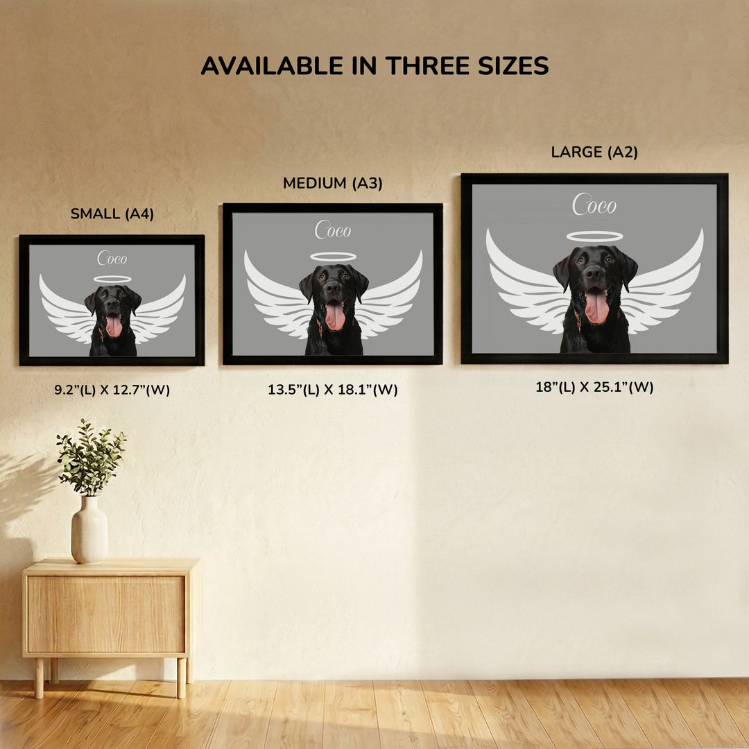 Angel Wings Memorial Personalized Pet Frame available in three sizes -Small A4, Medium A3, and Large A2, displayed side by side on a wall with custom pet image and name 