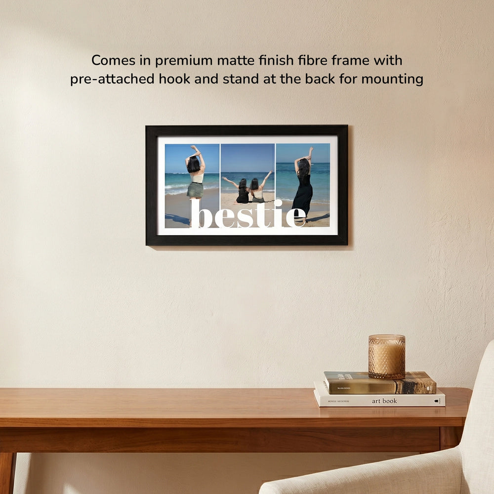 Bestie Trio-Personalized 3-Photo Collage Frame mounted on a wall, table underneath, with some books and candle on the table 
