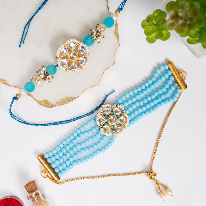 Blue Beaded Bhai Bhabhi Rakhi Set