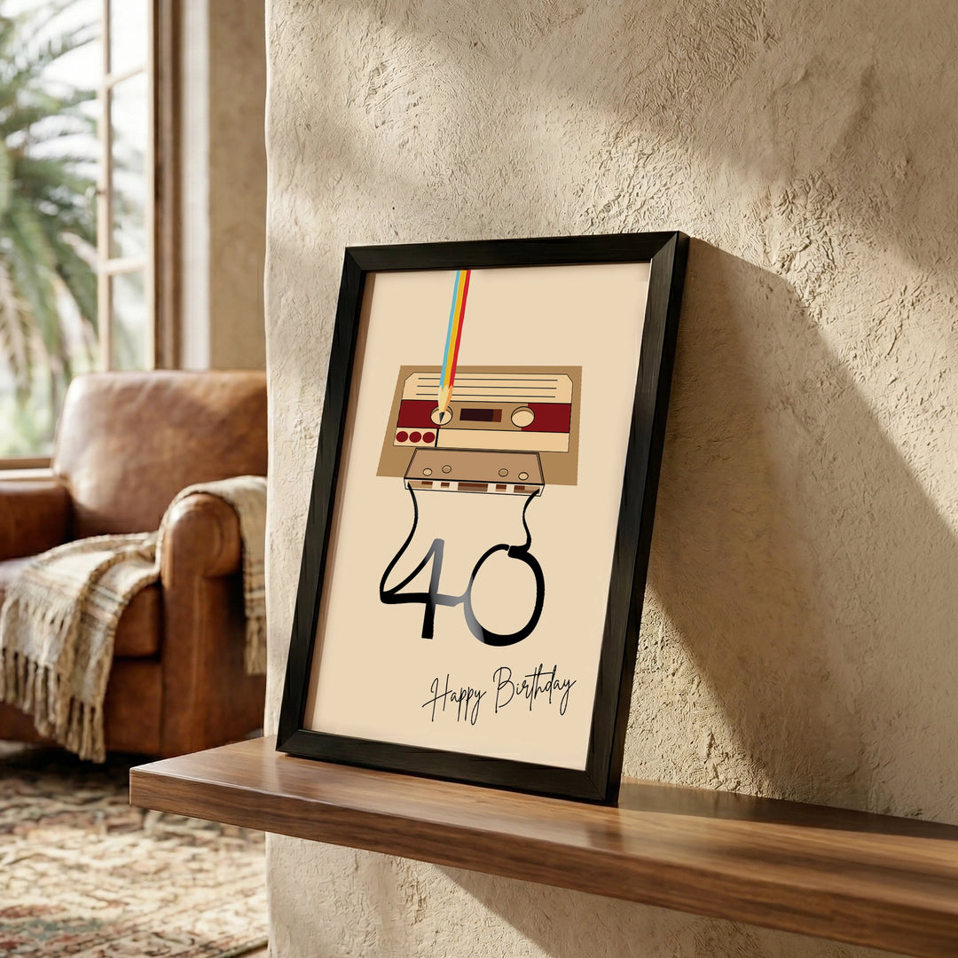 Retro Cassette Birthday Wall Art | A4 Black Frame