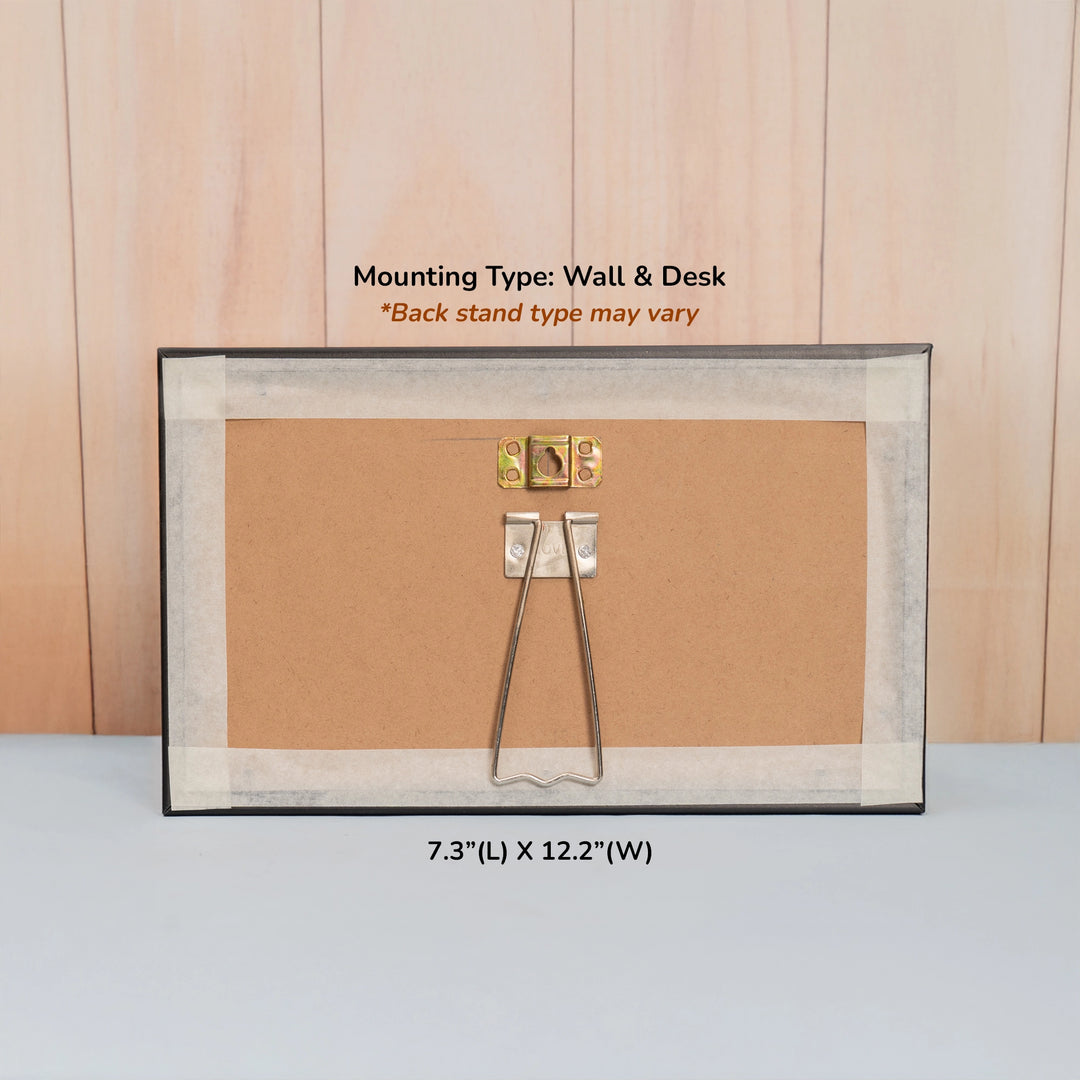 Personalized photo collage frame, placed on the desk, showing hook for wall mount and stand for desk mount
