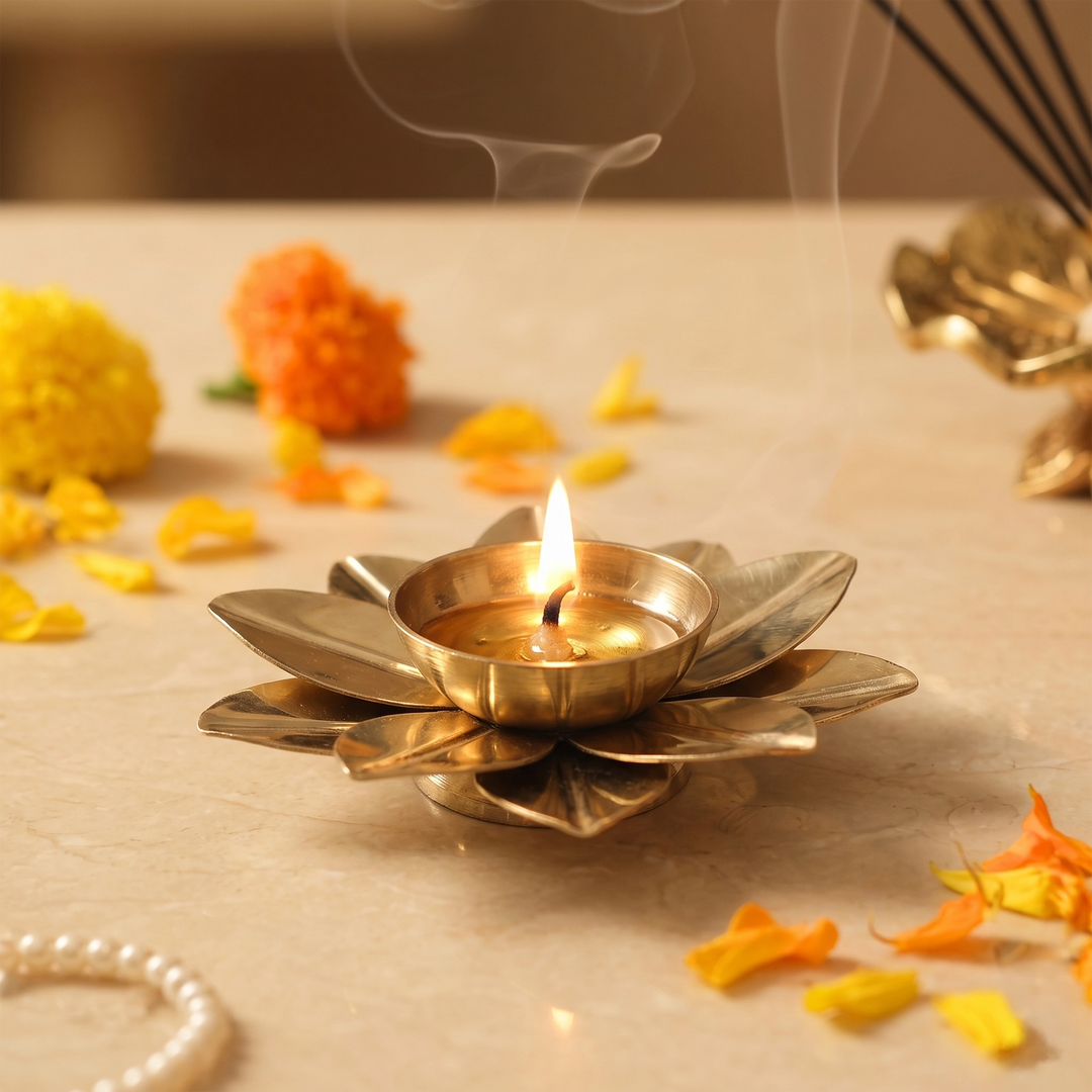 Lotus Brass Diya - Golden