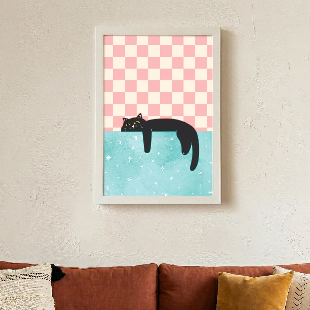 Cozy Dreamer | Lazy Cat Wall Decor | White Frame