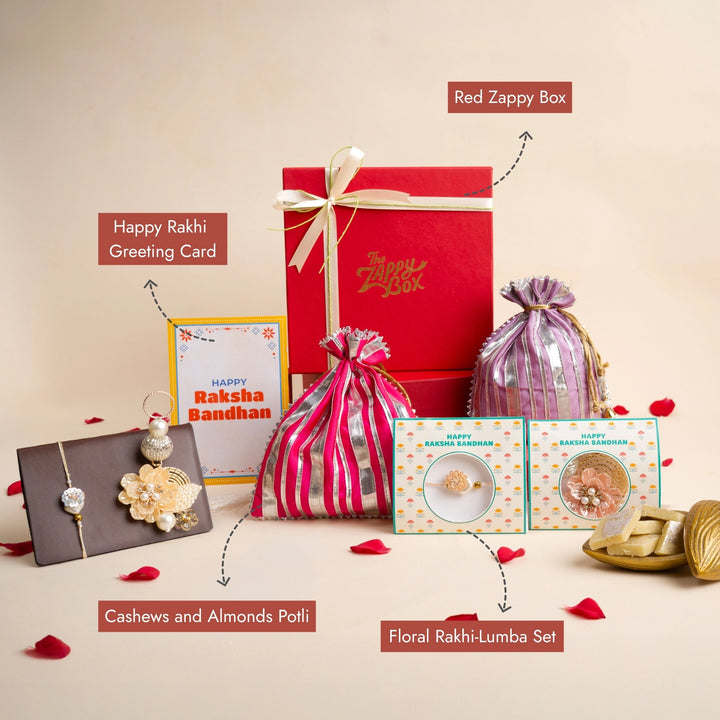 floral rakhi lumba set with cashew almond potli