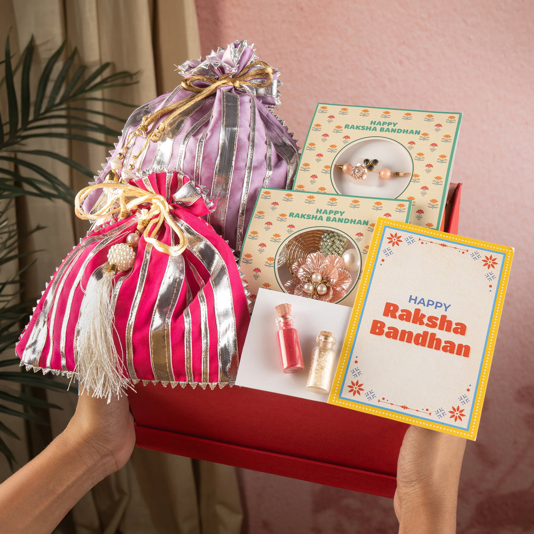 floral rakhi lumba set with cashew almond potli