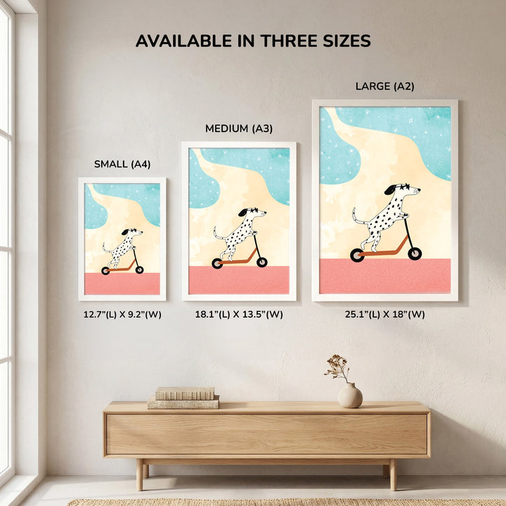 Cool Dalmatian on Scooter Wall Art - size comparison showing Small A4, Medium A3, and Large A2 frame options displayed together on a wall