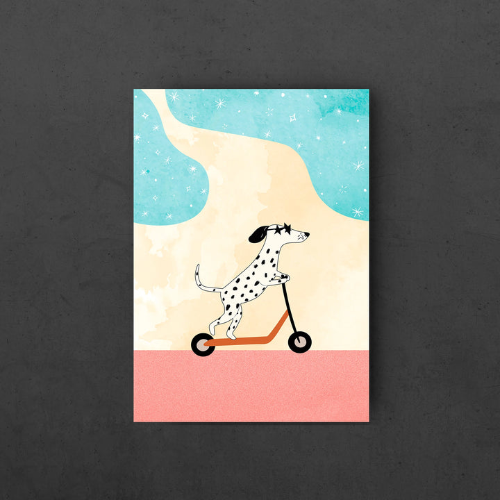 Cool Dalmatian on Scooter Wall Art, Poster of a dalmatian dog  riding a tricycle against a pastel background, 