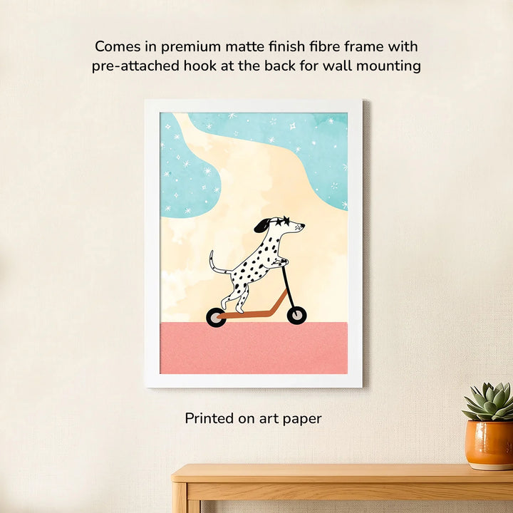 Cool Dalmatian on Scooter Wall Art, framed poster framed in a premium matte-finish fiber white frame