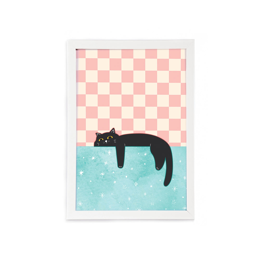 Cozy Dreamer | Lazy Cat Wall Decor | White Frame