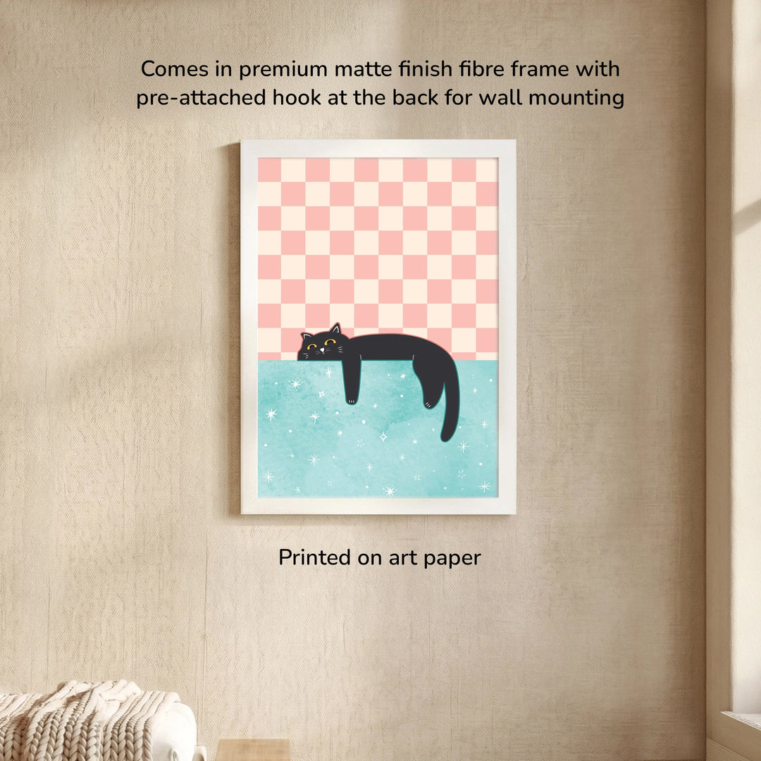 Cozy Dreamer - Lazy Cat Wall Art, white frame, premium matte-finish fiber frame 