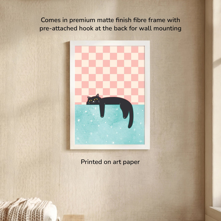 Cozy Dreamer - Lazy Cat Wall Art, white frame, premium matte-finish fiber frame 