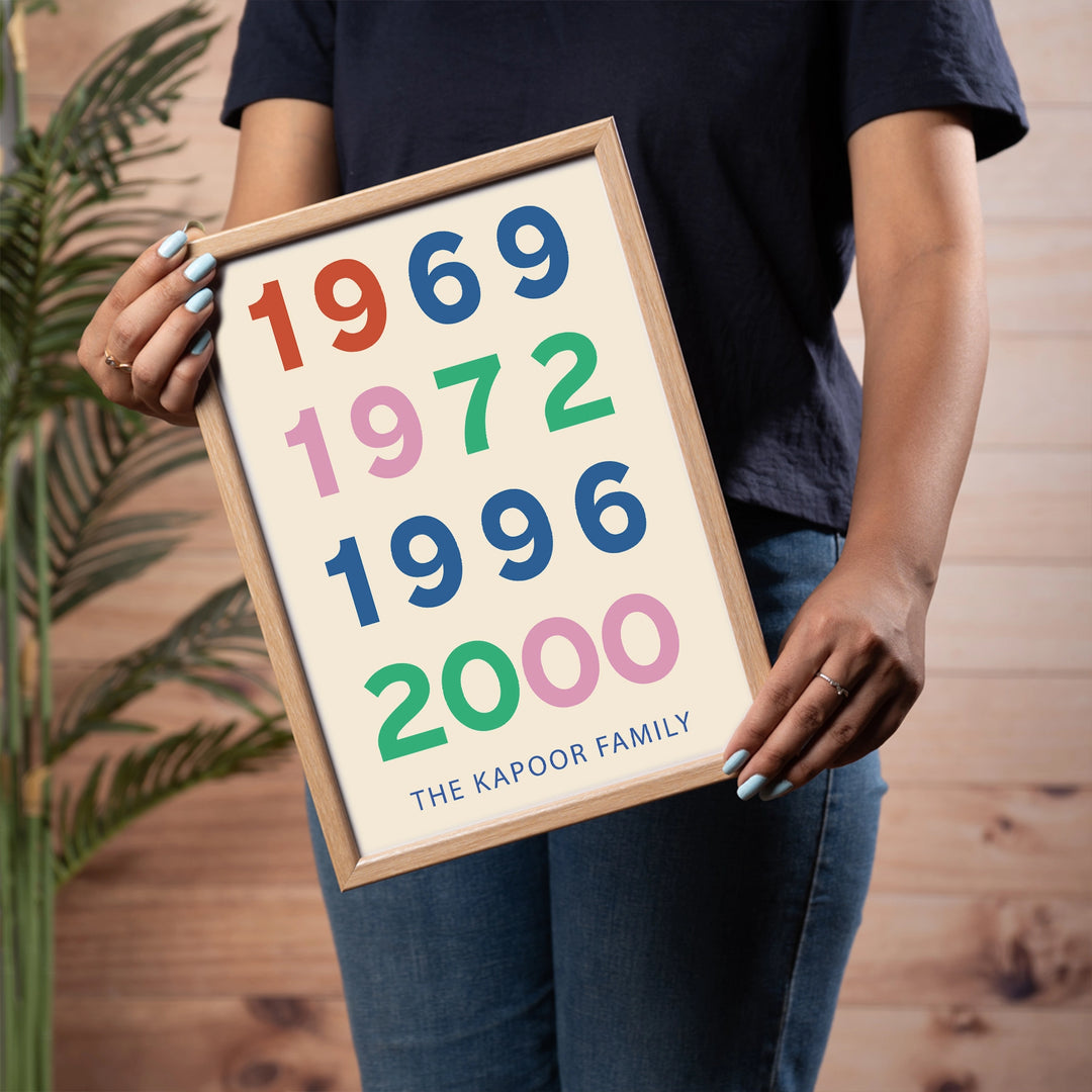 Lady holding Every Member Matters frame on the side, with custom birth years and custom family name 