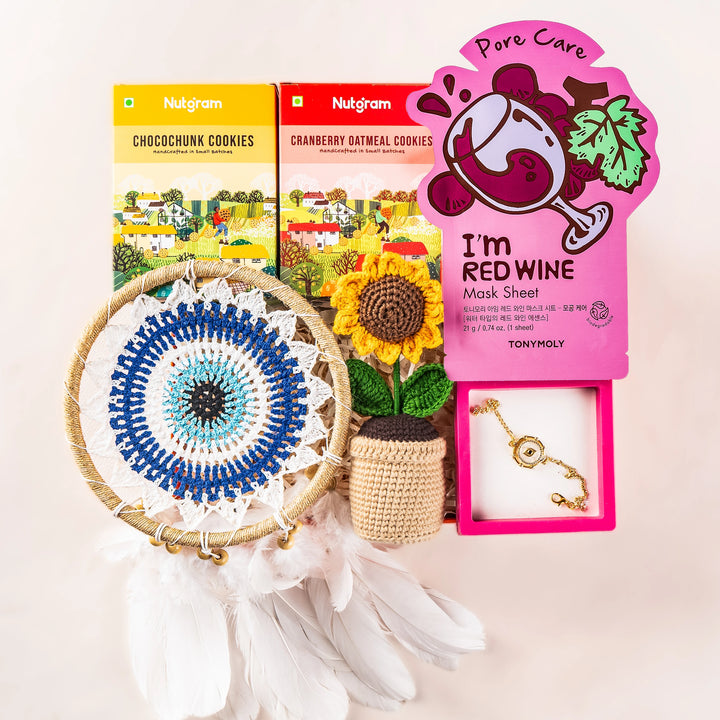 crochet evil eye dreamcatcher with face mask hamper