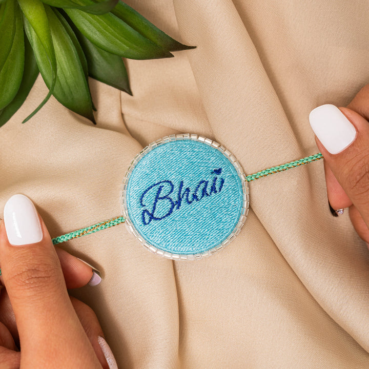 Blue Bhai Embroidered Rakhi
