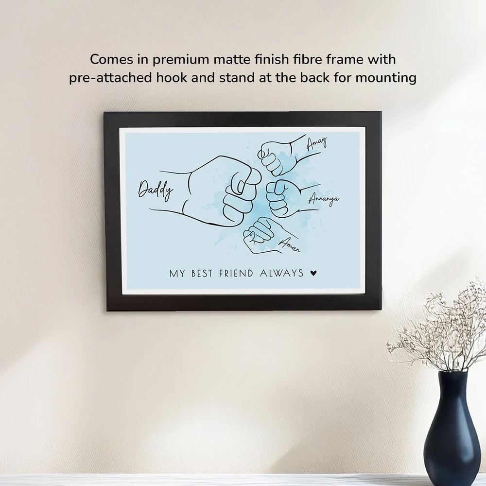 Fist Bump with Dad, A4 frame, mounted on a wall with small planter