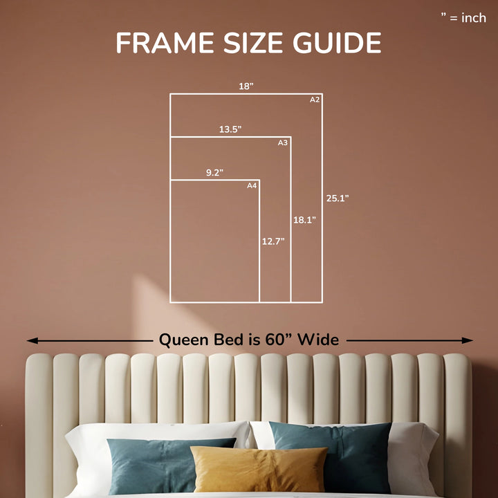 Frame Size Guide infographic displaying dimensions for all three available sizes against a wall, and a comparison with the queen-size bed which is 60" wide