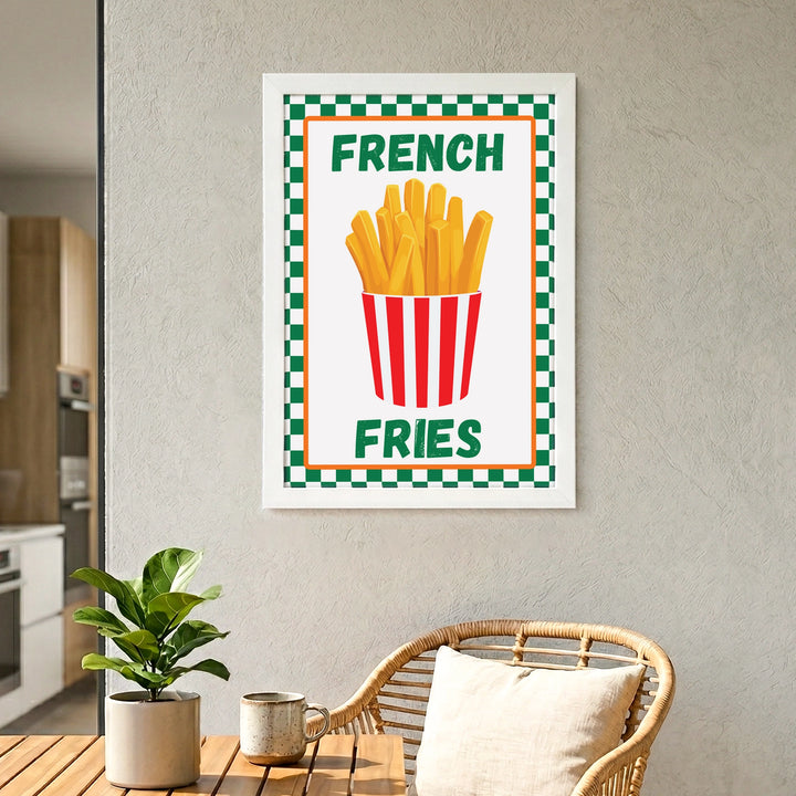 French Fries Wall Art - framed poster of a french fries illustration with french fries text, white frame  mounted on the wall 