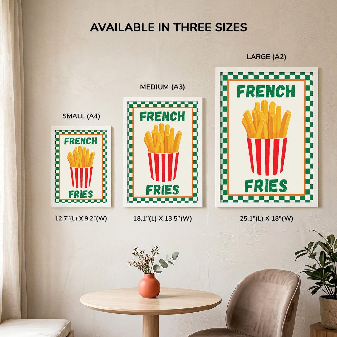 French Fries Wall Art Frame - size comparison showing Small A4, Medium A3, and Large A2 frame options displayed together on a wall