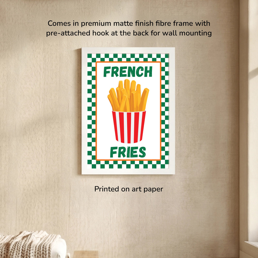 French Fries Wall Art - framed poster of a french fries illustration with french fries text, premium matte finish frame 
