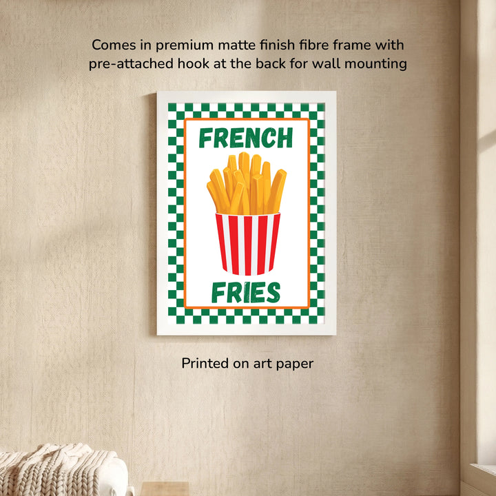 French Fries Wall Art - framed poster of a french fries illustration with french fries text, premium matte finish frame 