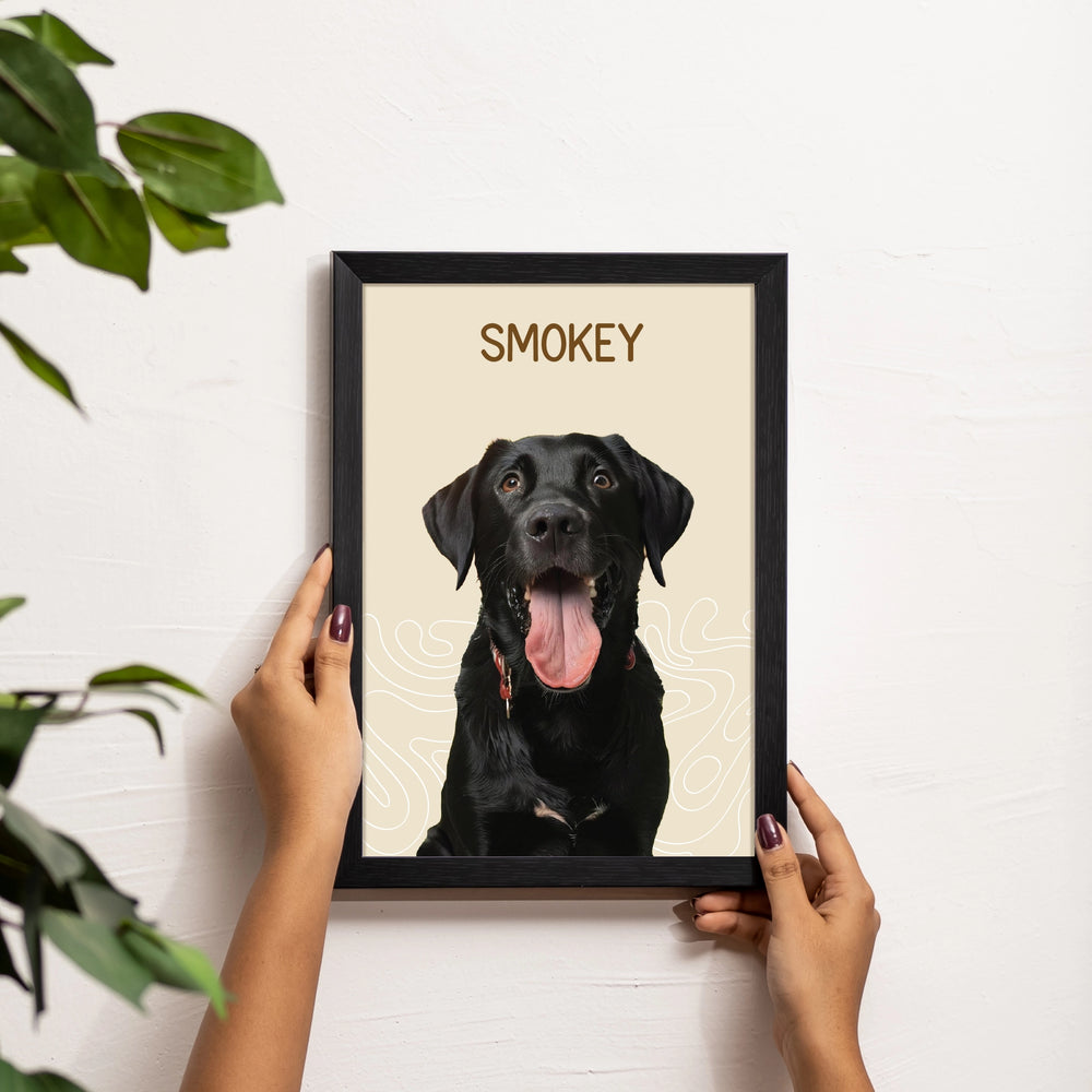Furry Tales Personalized Pet- black frame against the white wall, a beige and white weavy design, and the pet image with their name on the frame.