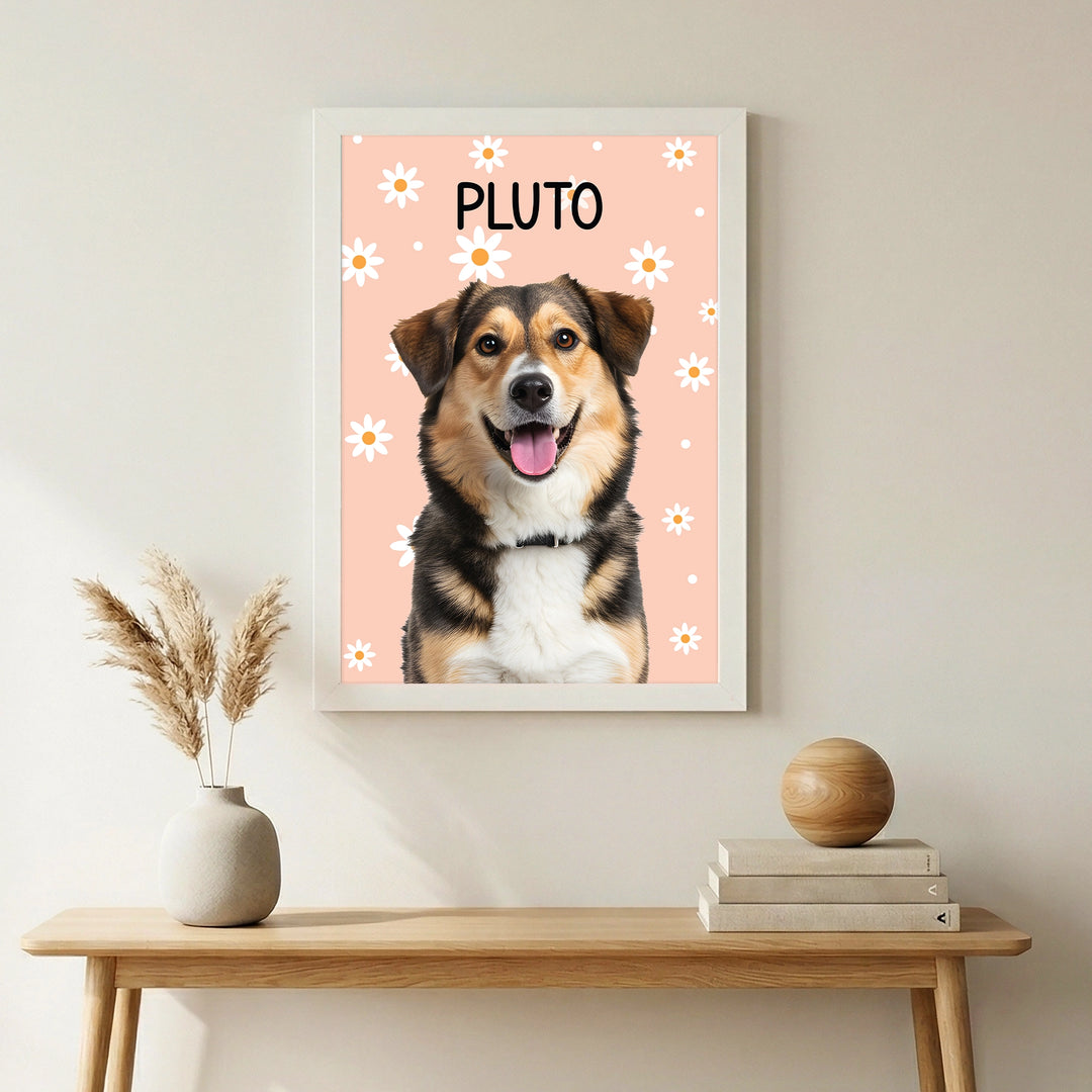 Furry Tale Personalized Pet Frame, mounted on the white wall, frame has pink backgrounds with white flowers and the dog's name, Pluto, featured. 