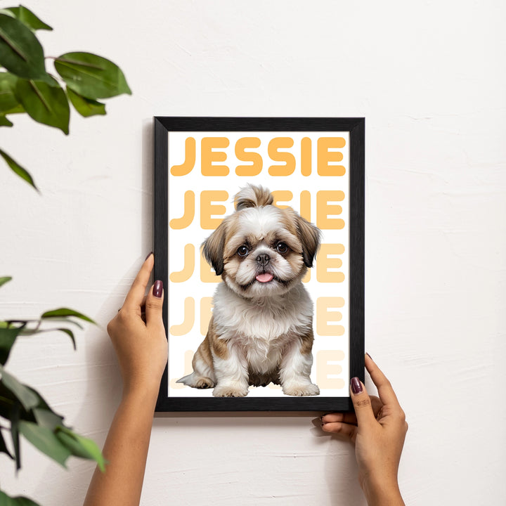 Furry Tale Personalized Frame, With gradient design in the dog's name in the background and the dog image placed in the center of the frame.