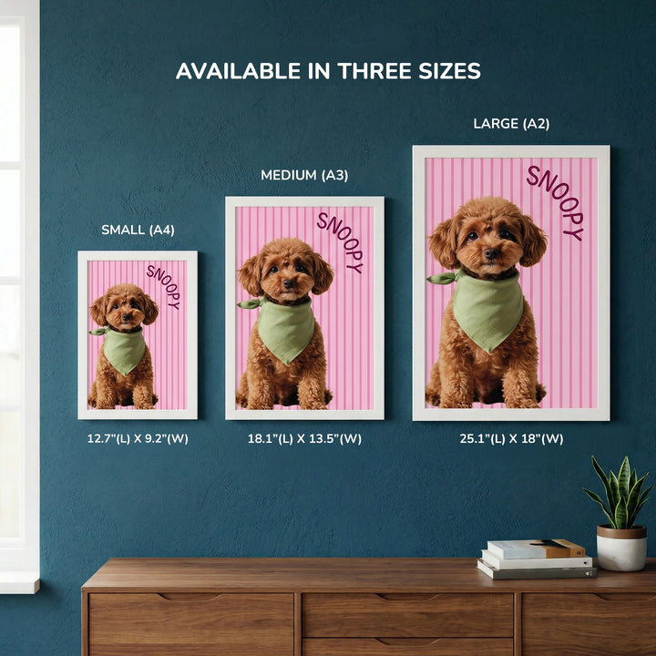 Furry Tale Personalized Pet Frame -size comparison showing Small A4, Medium A3, and Large A2 frame options displayed together on a wall