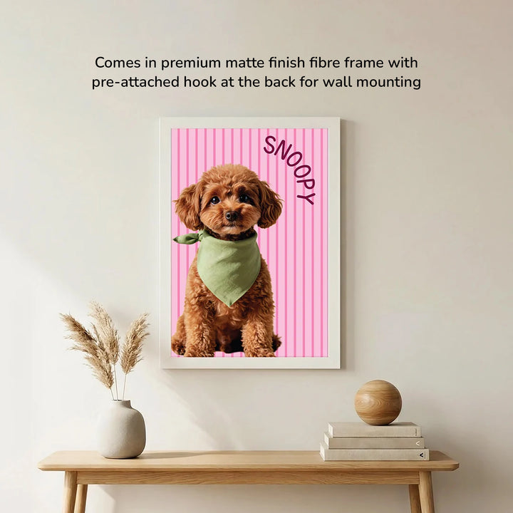Furry Tales Personalized Pet Frame, mounted on the wall, narrow table beneath it and some home decor placed on the table 
