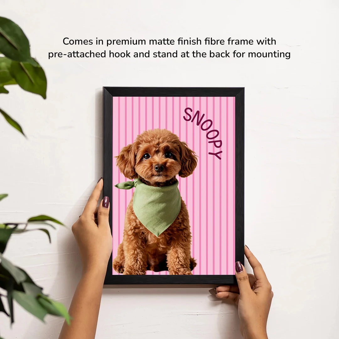 Furry Tales Personalized Pet- pink strip design in the background and the poddle and his name on the frame, placed against the white wall
