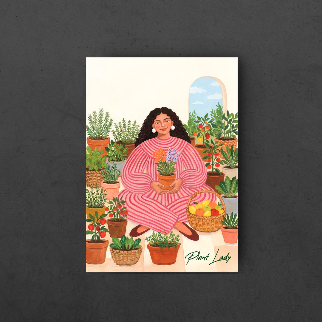 Garden Of Her Own Wall Art Frame - close-up front view of poster featuring a woman among colorful potted plants in a white frame on dark background
