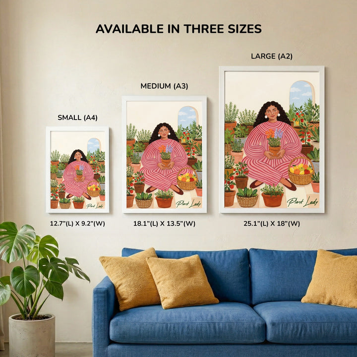 Garden Of Her Own Wall Art Frame - size comparison showing Small A4, Medium A3, and Large A2 frame options displayed side by side on a white wall