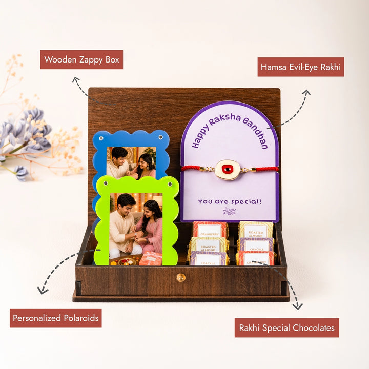 evil eye rakhi with chocolates and photo frame hamper call out