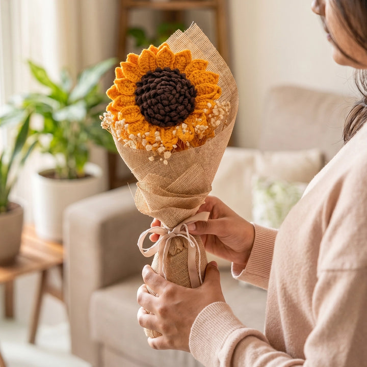 Person holding a crochet sunflower daisy bouquet 