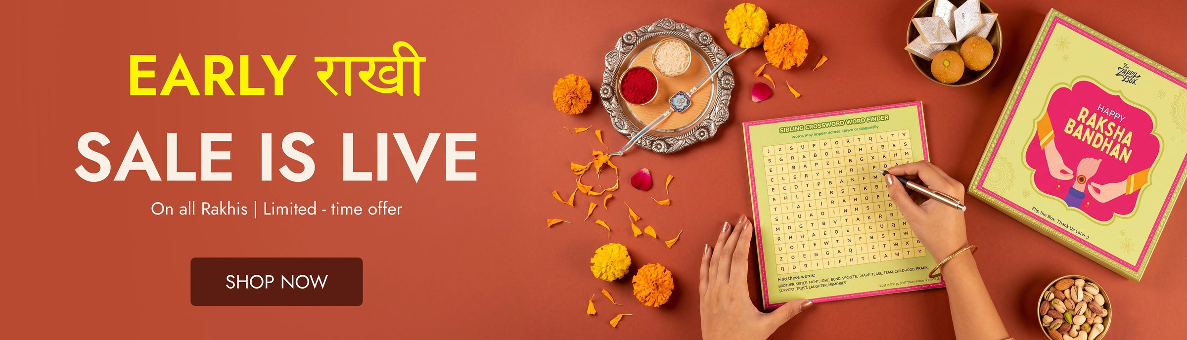 Promotional banner for Rakhi sale with Hindi text 'EARLY RAKHI SALE IS LIVE'  