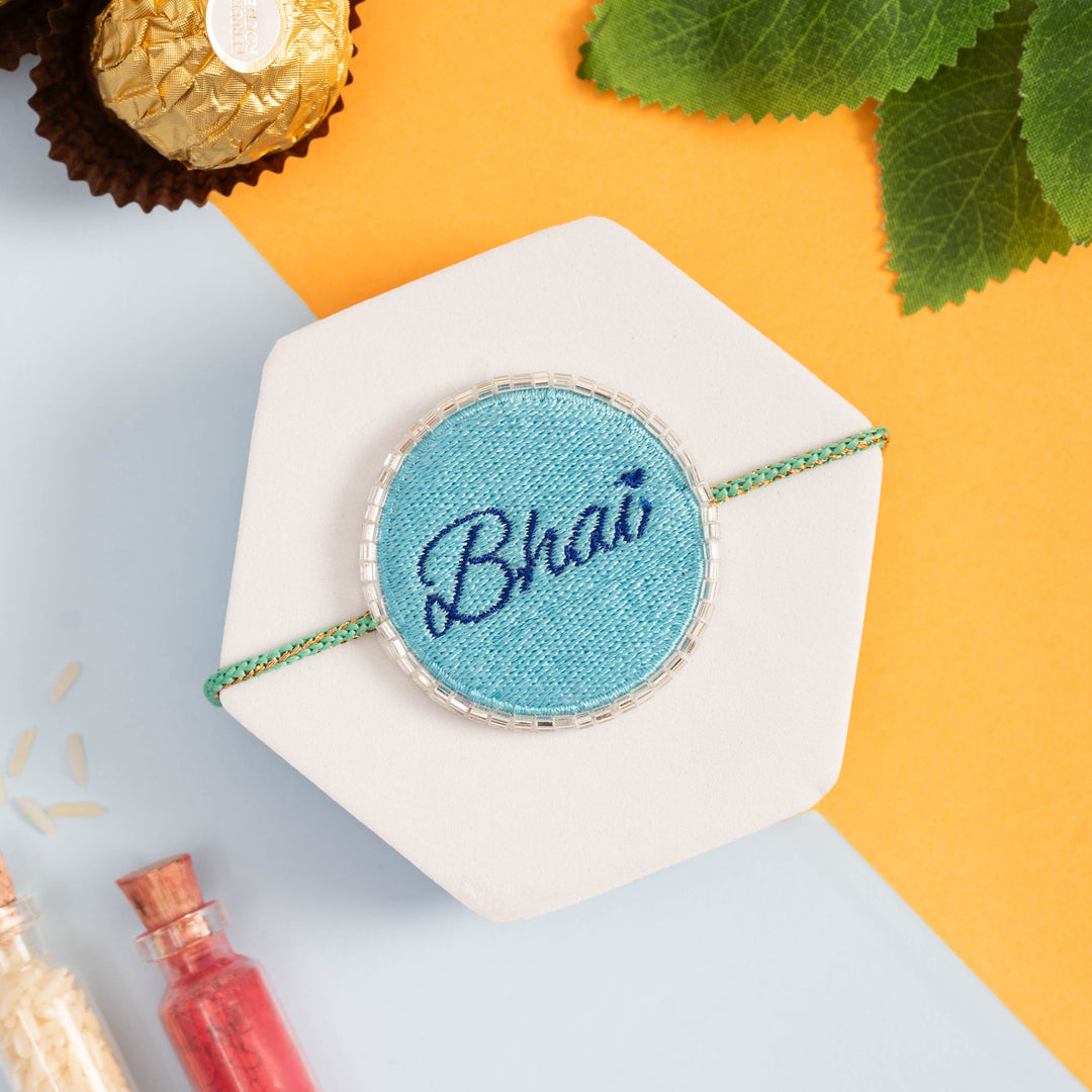 Blue Bhai Embroidered Rakhi
