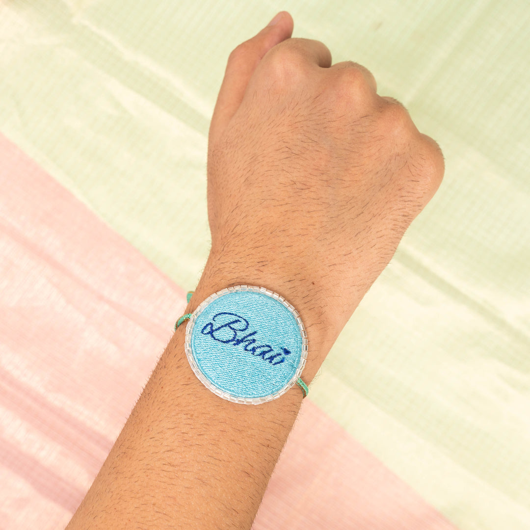 Blue Bhai Embroidered Rakhi
