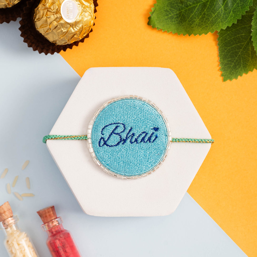 Blue Bhai Embroidered Rakhi