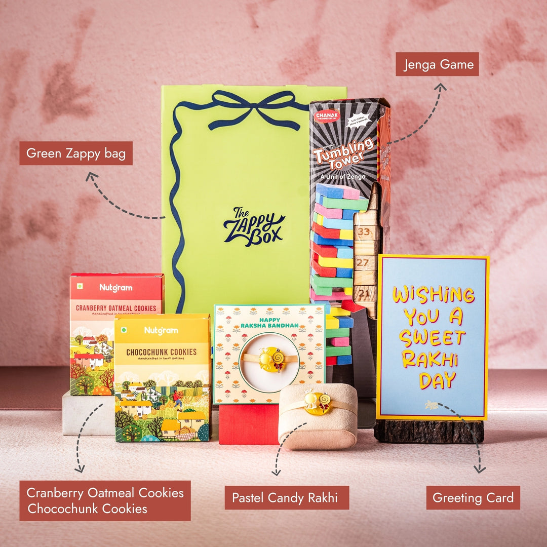 pastel candy rakhi and jenga game hamper call out