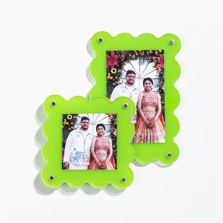 Keepsake scalloped magnetic frame with couple photo – anniversary Valentine's Day gift India - Neon green