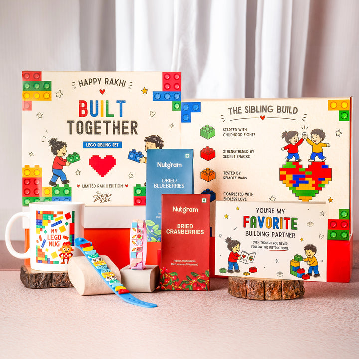 lego love rakhi edition band and mug hamper with front and back of box design