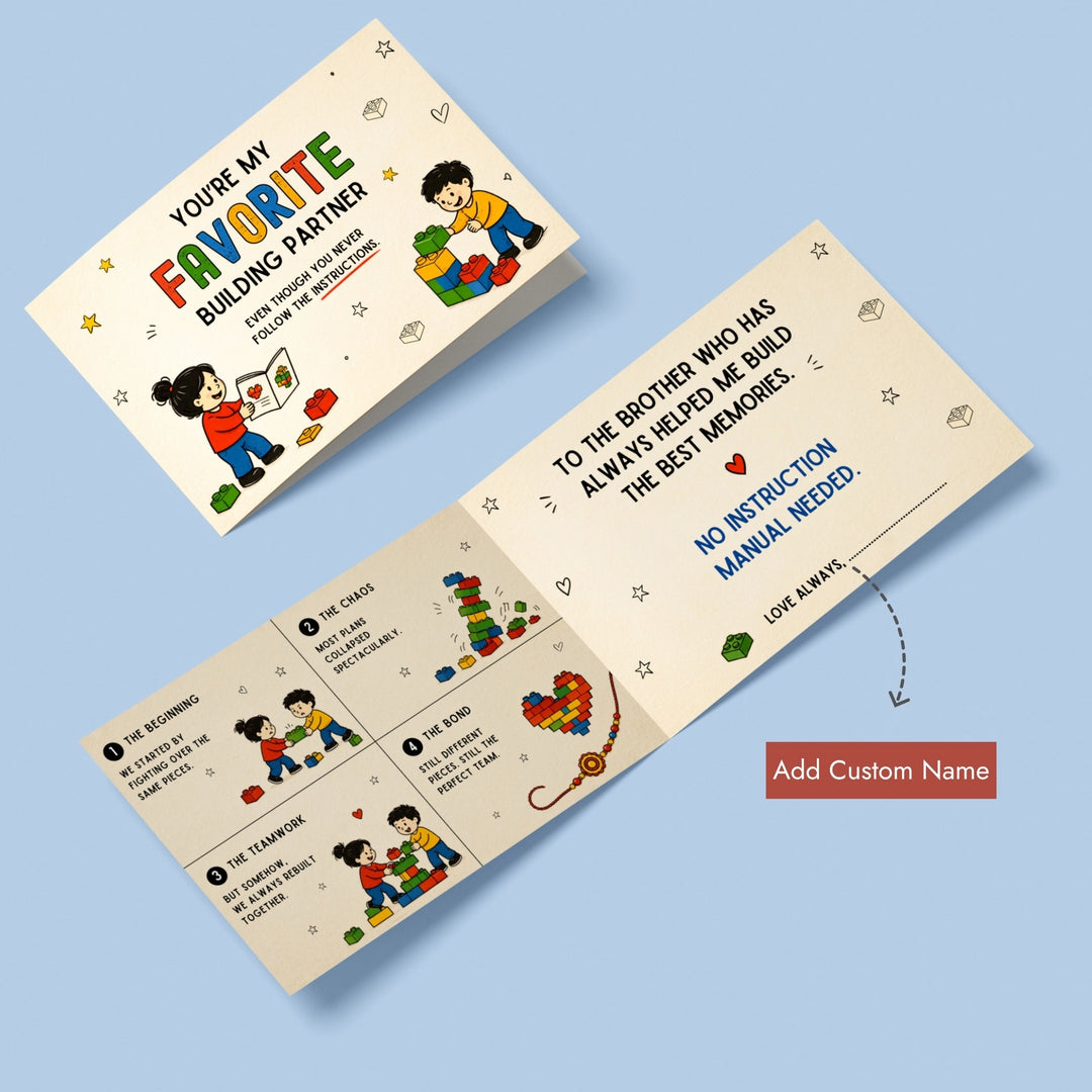 A folded printed card or booklet shown on a light blue background, with the front cover and an opened interior page visible. The card has a warm cream background with colorful cartoon children building blocks and playful text, including a red label that says 'Add Custom Name.