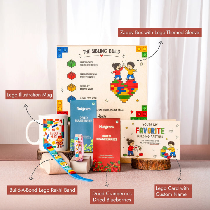 lego love rakhi edition band and mug hamper with call out