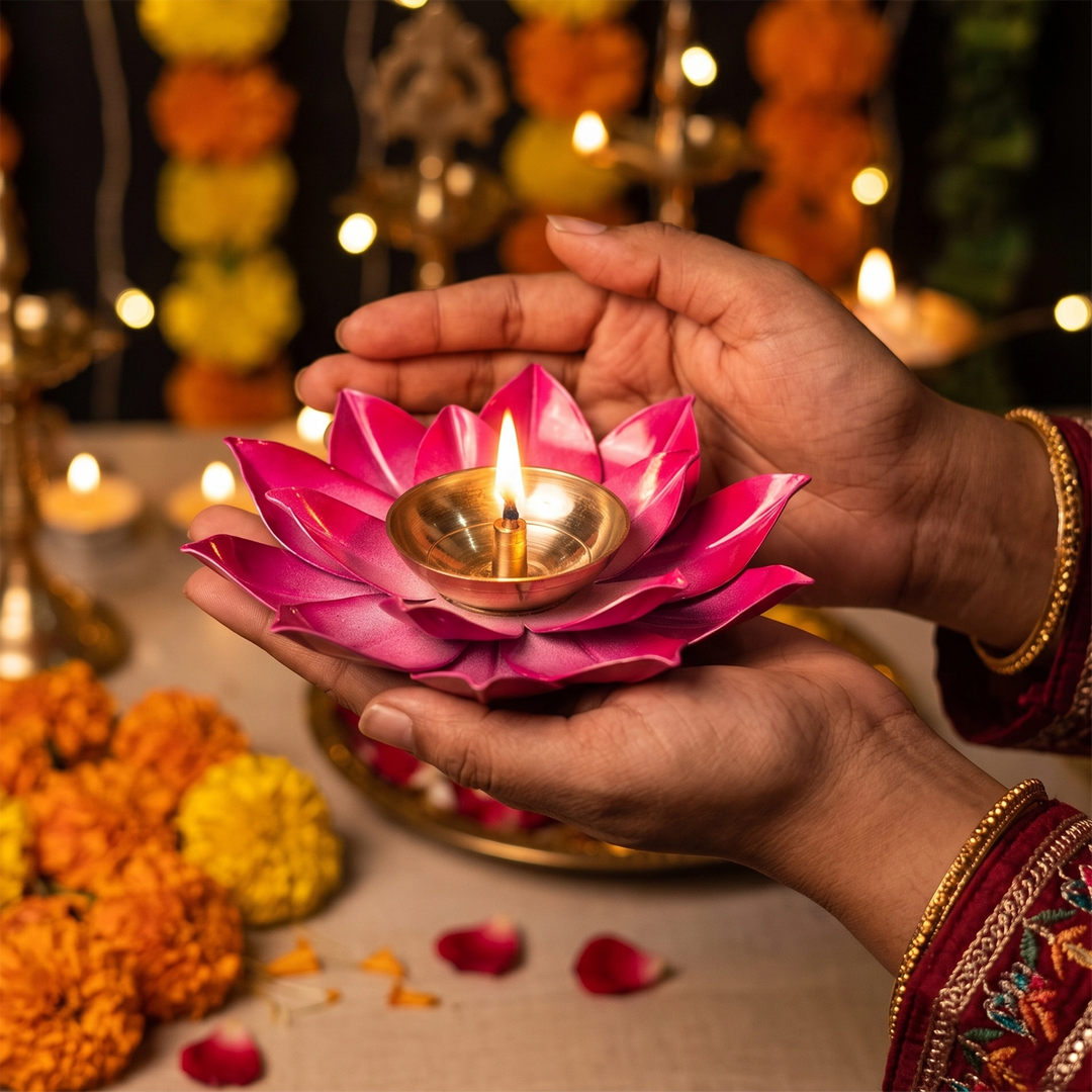 Brass Lotus Diya - Pink
