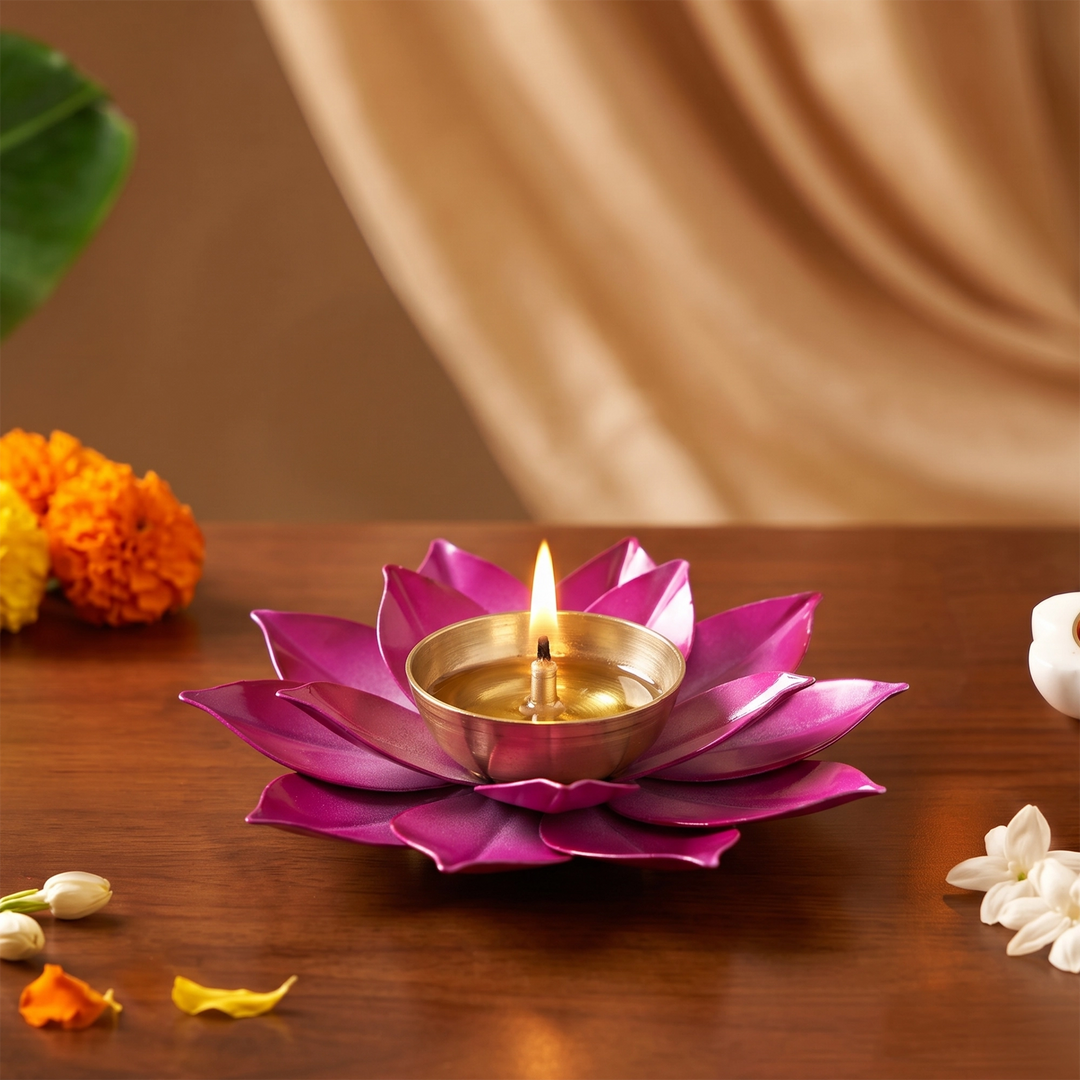 Brass Lotus Diya - Pink