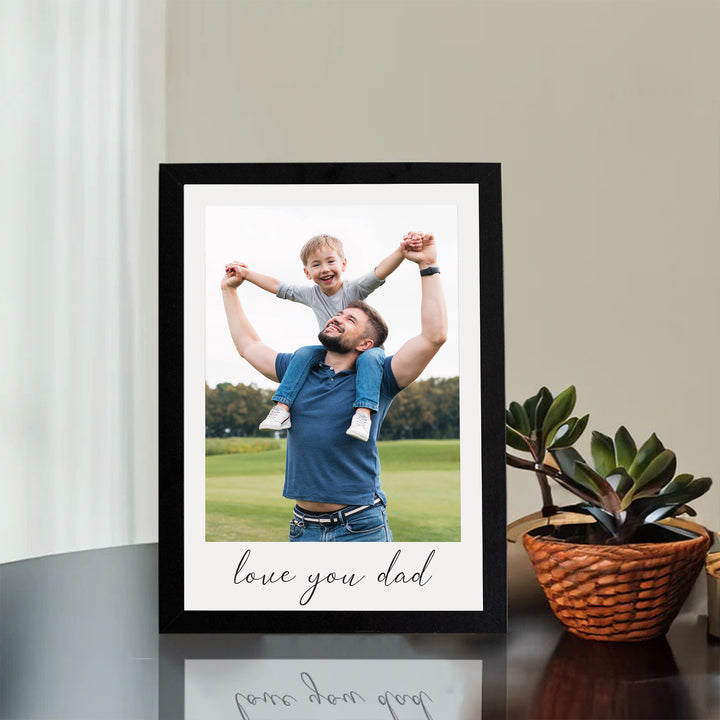 Love You Dad, A5 frame, mounted on a table, small planter on the side