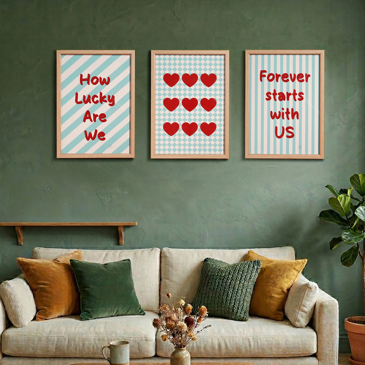 Lucky in Love all three frames mounted on the wall in the living room, sofa kept beeath the frames, aesthetic frame setting 