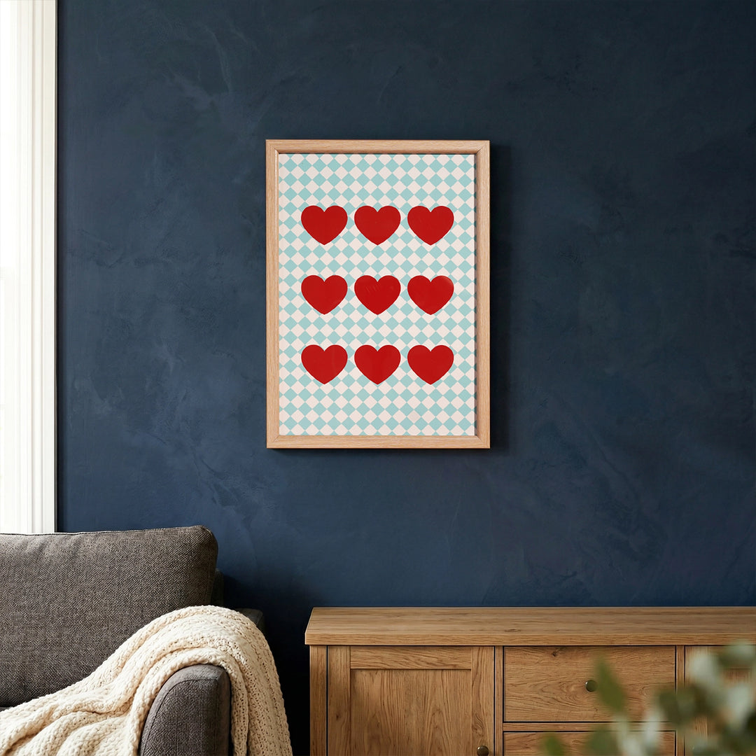 Diamond check light blue color, 9 heart placed in the center of the frame, premium qulaity print 